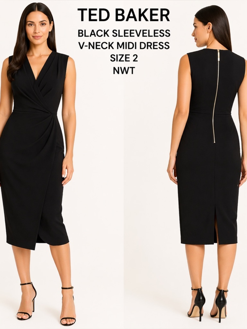 TED BAKER BLACK V-NECK MIDI DRESS SZ 2 NWT